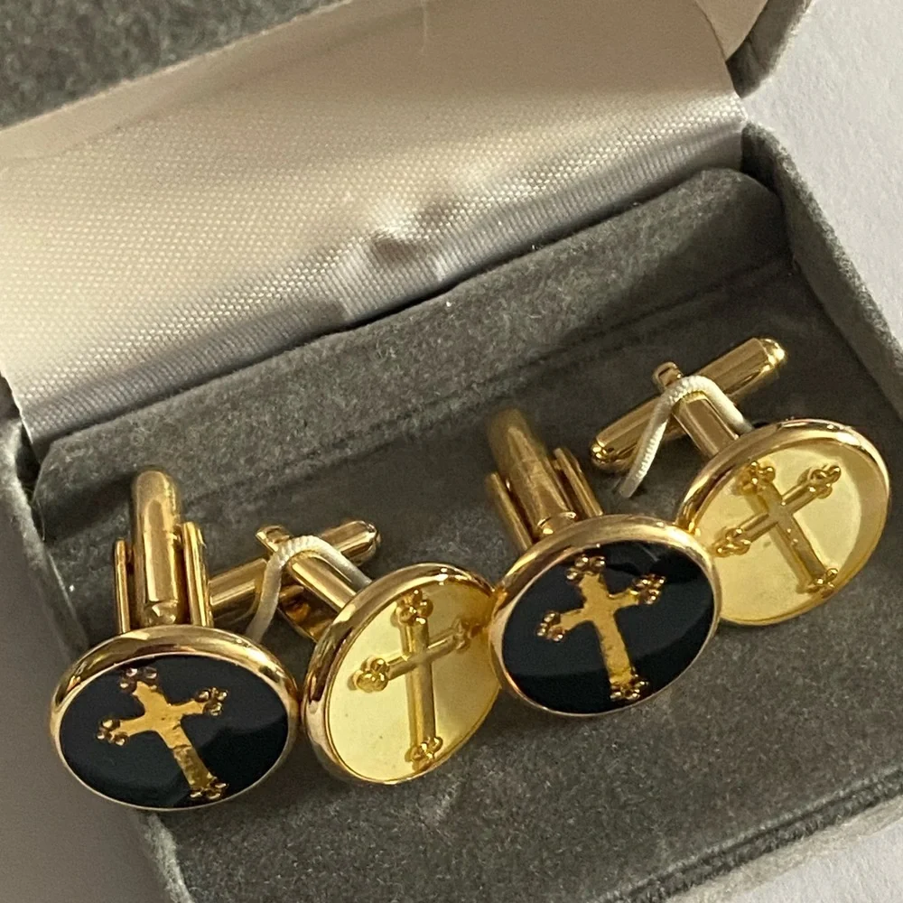 Emilio Ponti Roma Milano Gold and Black Budded Cross 2 Set of Cufflinks In Box